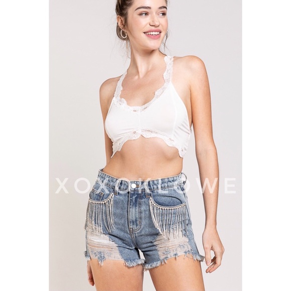 Sparkle Embellished Fringe Distressed Denim Shorts - Picture 9 of 15